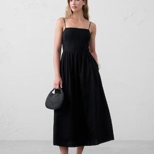 Linen-Blend Seamed-Bodice Midi Dress Black